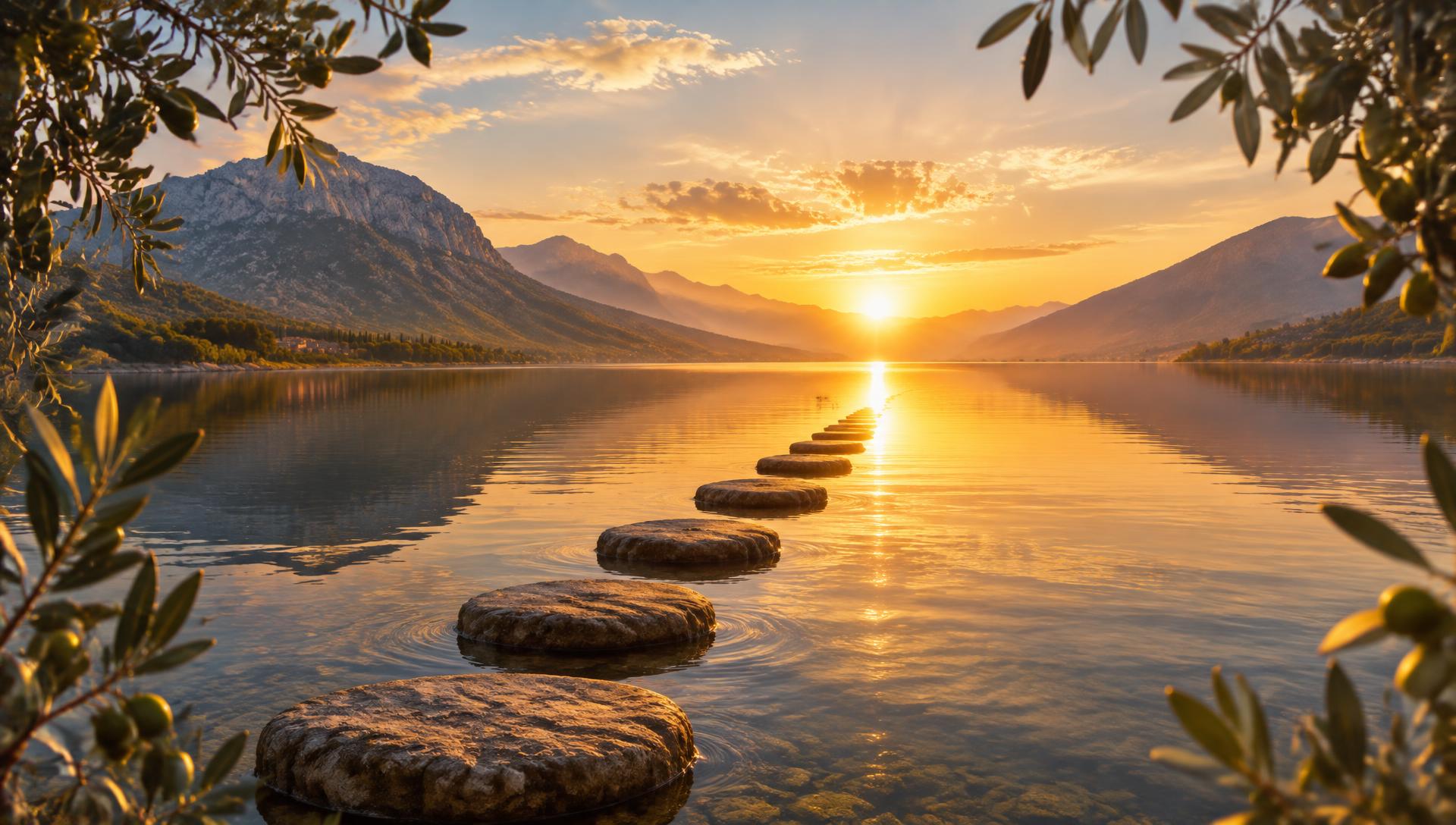 Stepping stones across a calm lake toward the sunrise